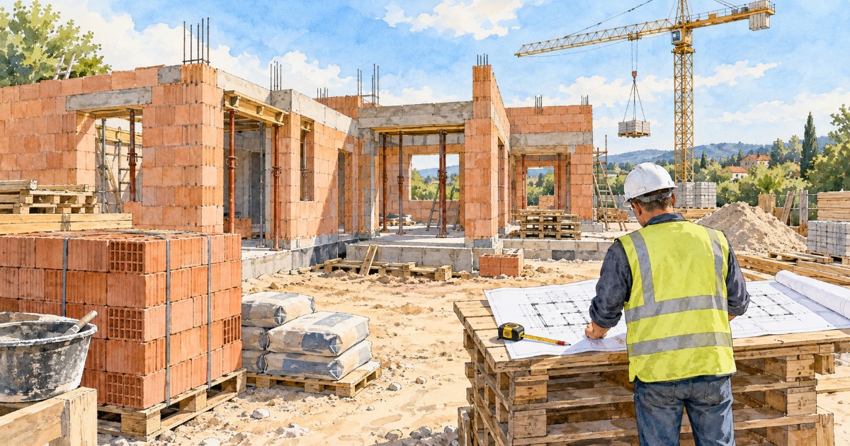 Stavbyvedoucí v helmě studuje půdorys na staveništi rodinného domu s jeřábem