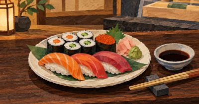 Talíř s čerstvým sushi, nigiri a rolkami na dřevěném pultu restaurace
