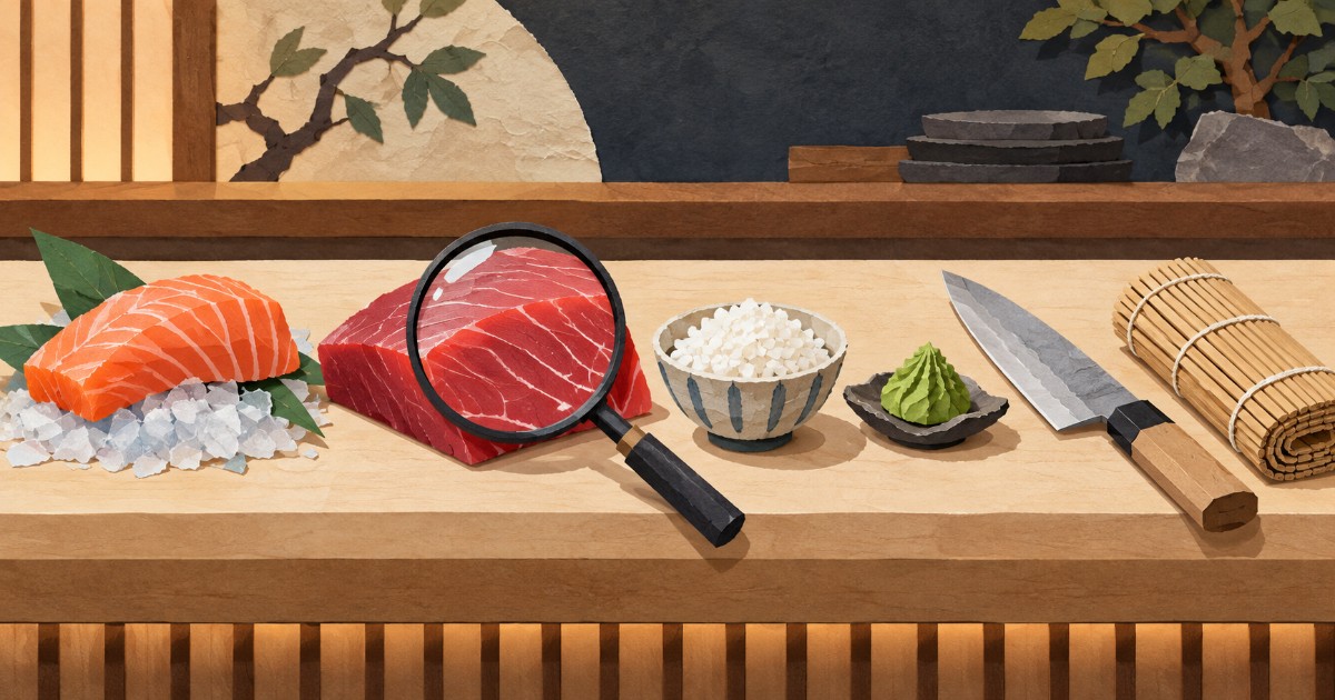 Čerstvé ryby, rýže, wasabi a lupa na pultu jako znaky kvalitní sushi restaurace